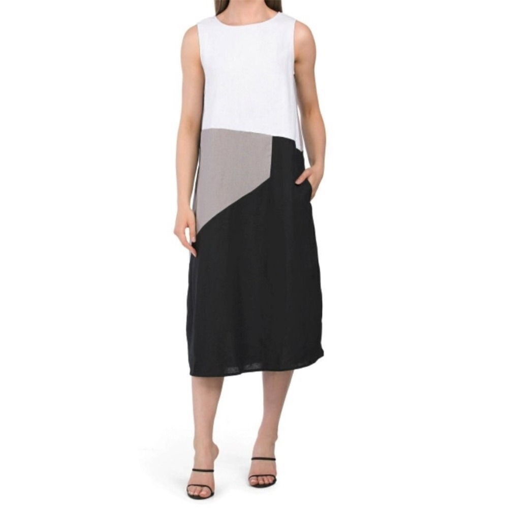 For Cynthia‎ Women's Linen Blend Colorblock Sleeveless Midi Dress Black White